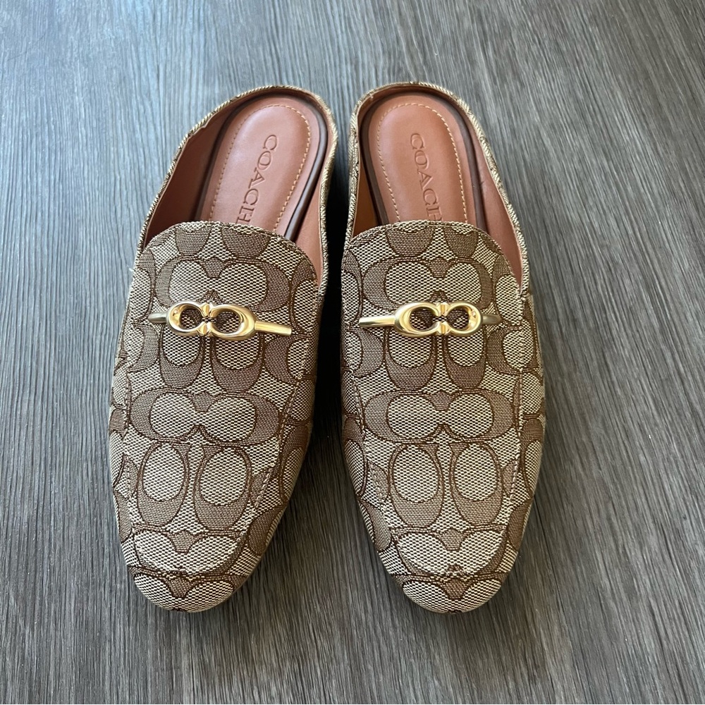 COACH Sienna Signature Logo Print Slide Mule Women's Size 7.5 Shoe Khaki Saddle - Picture 3 of 9